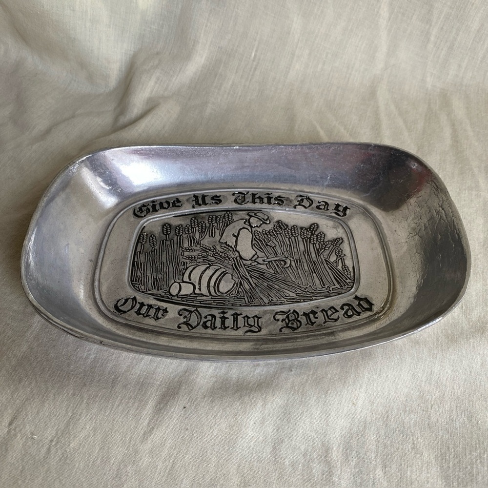 Vtg Chadwick Hand Cast Aluminum Bread Tray "Give Us This Day Our Daily Bread"